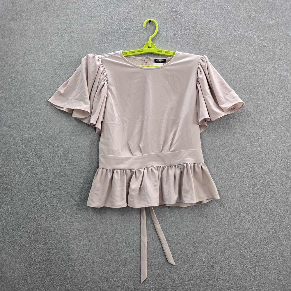 Express Women Blouse M Beige Peplum Blouse Ruffle Strap Round Neck Zip Back NWT